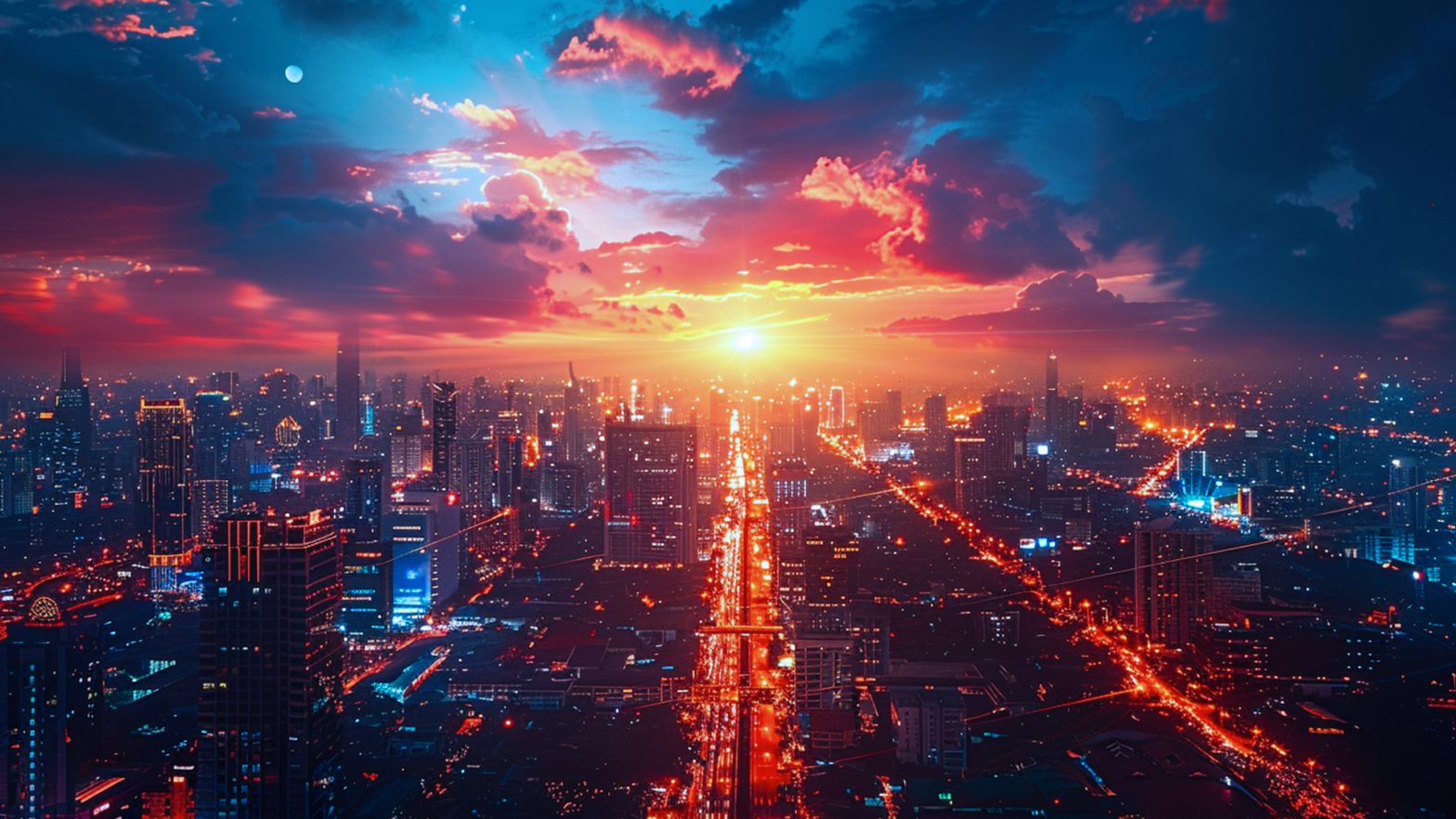 A futuristic cityscape with elements that represent emerging event trends (virtual reality integration, sustainable practices, personalized experiences).