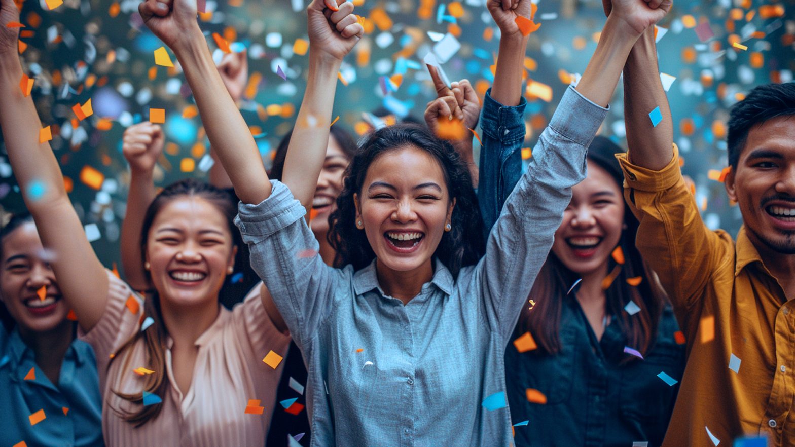 A group of people celebrating at a well-organized event (conference, concert, wedding, etc.) with smiles and positive energy.