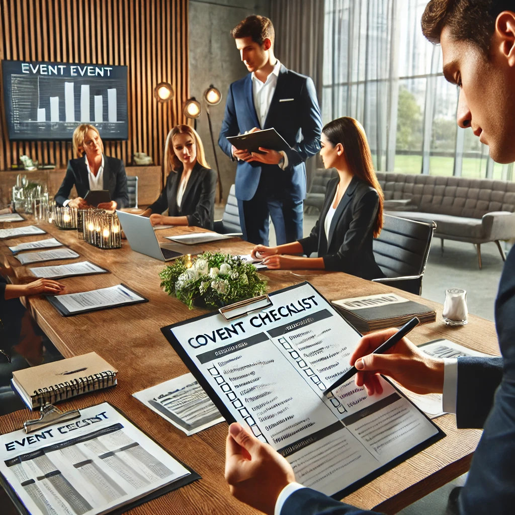 A professional event planner reviewing a detailed corporate event checklist with a team of colleagues