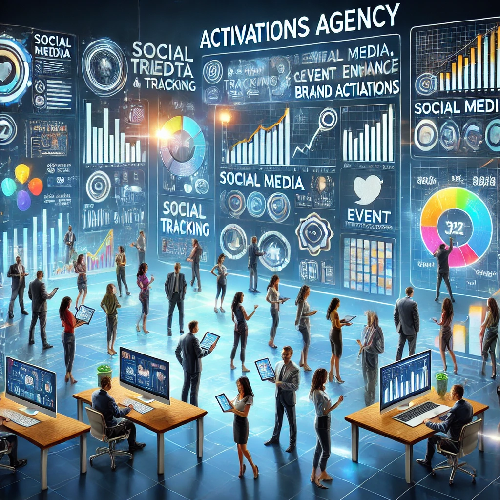 A dynamic and modern illustration showing an activations agency using data and analytics to enhance brand activations.