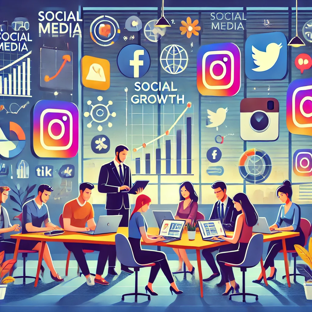 A vibrant and modern illustration depicting a Filipino business owner collaborating with a creative agency for social media growth.