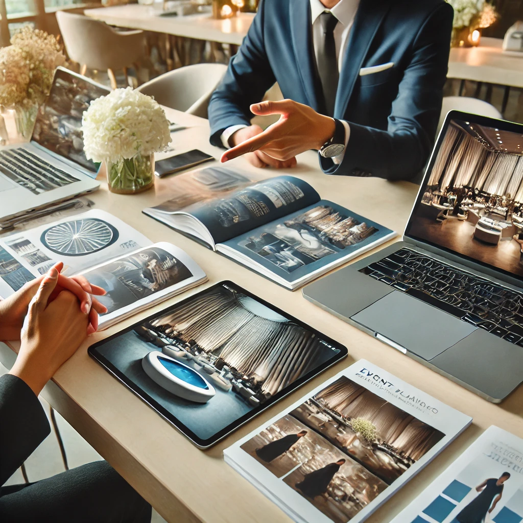 A professional event planner discussing ideas with a client in an office setting