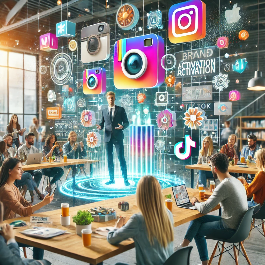 A professional, creative scene showing a brand activation event with influencers engaging with their audience. The image includes a mix of influencers